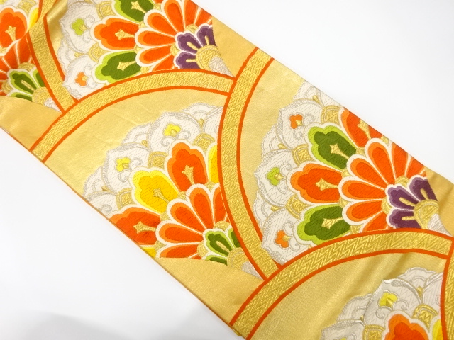 JAPANESE KIMONO / ANTIQUE FUKURO OBI / SILK / WOVEN SEIGAIHA & FLORAL CREST